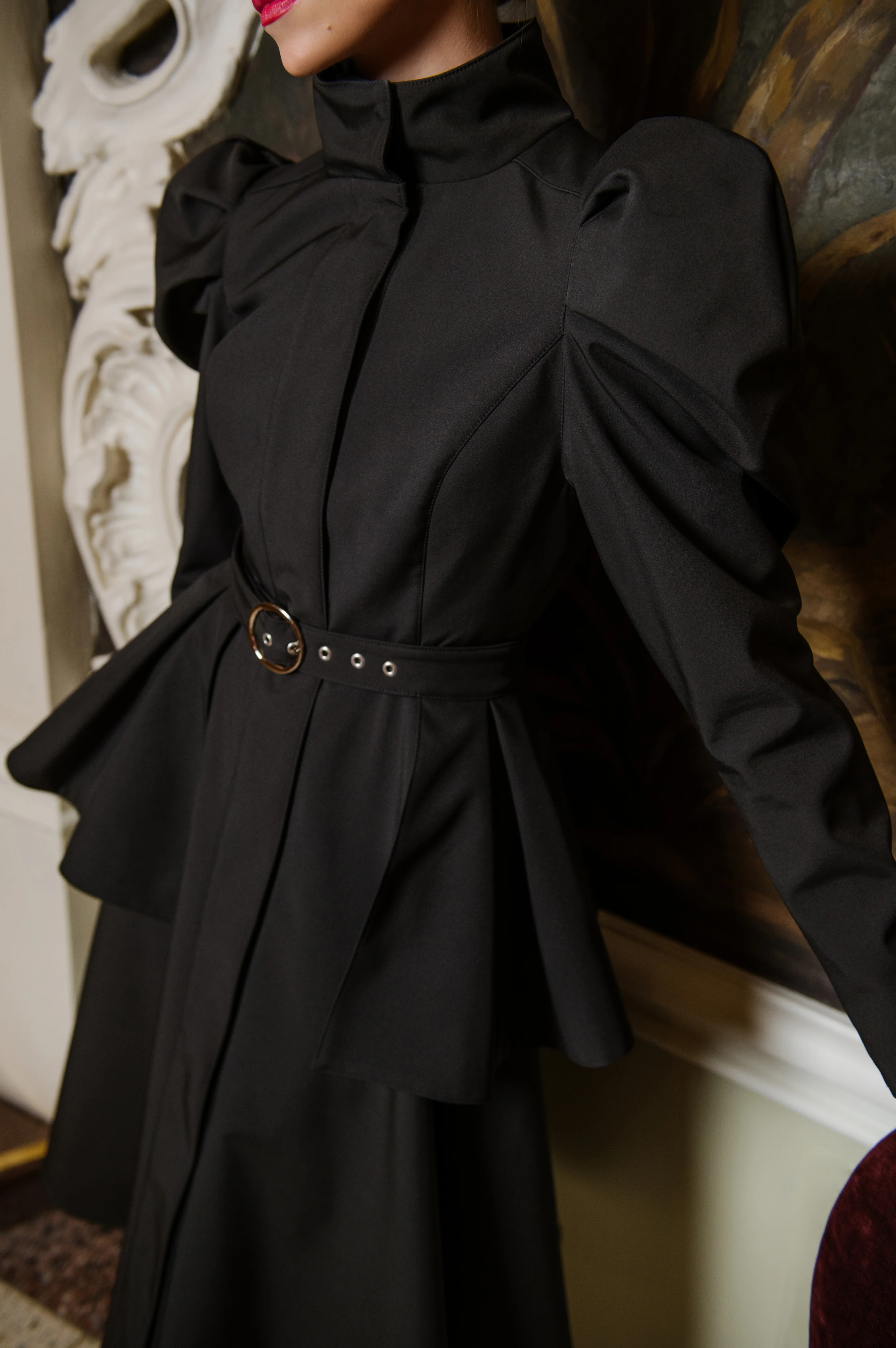 Fit and Flare Coat with Balloon-Styled Sleeves in Black | Majestic Night - Image 3