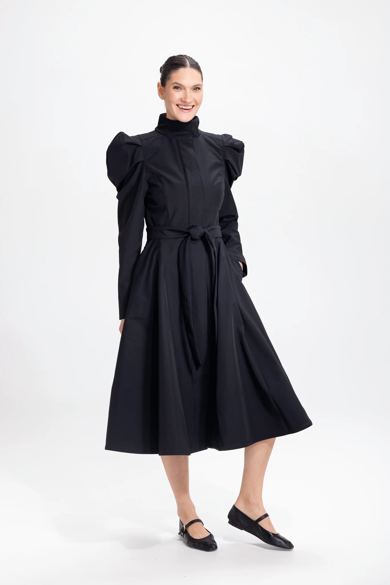 Fit and Flare Coat with Balloon-Styled Sleeves in Black | Majestic Night - Image 4