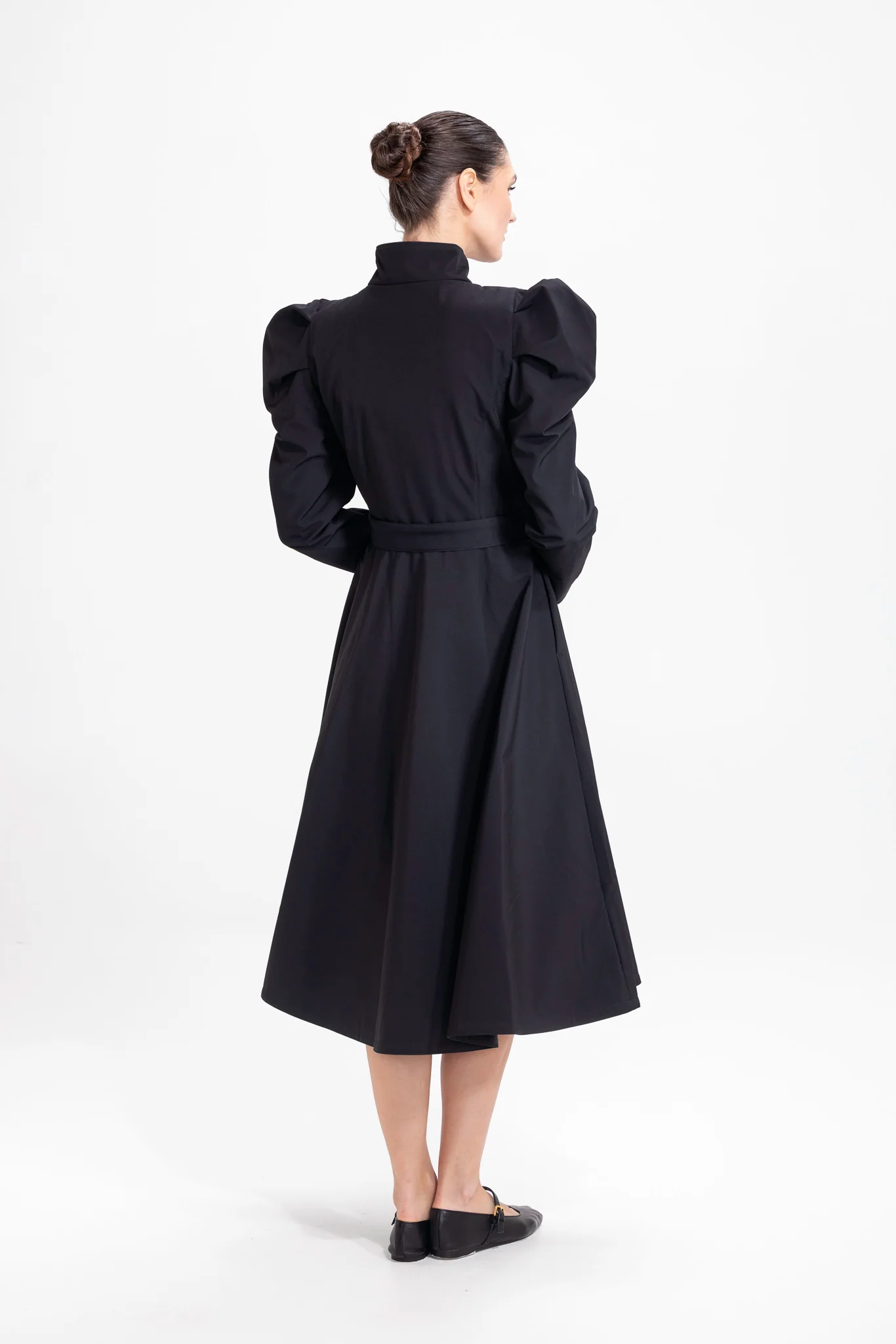 Fit and Flare Coat with Balloon-Styled Sleeves in Black | Majestic Night - Image 5
