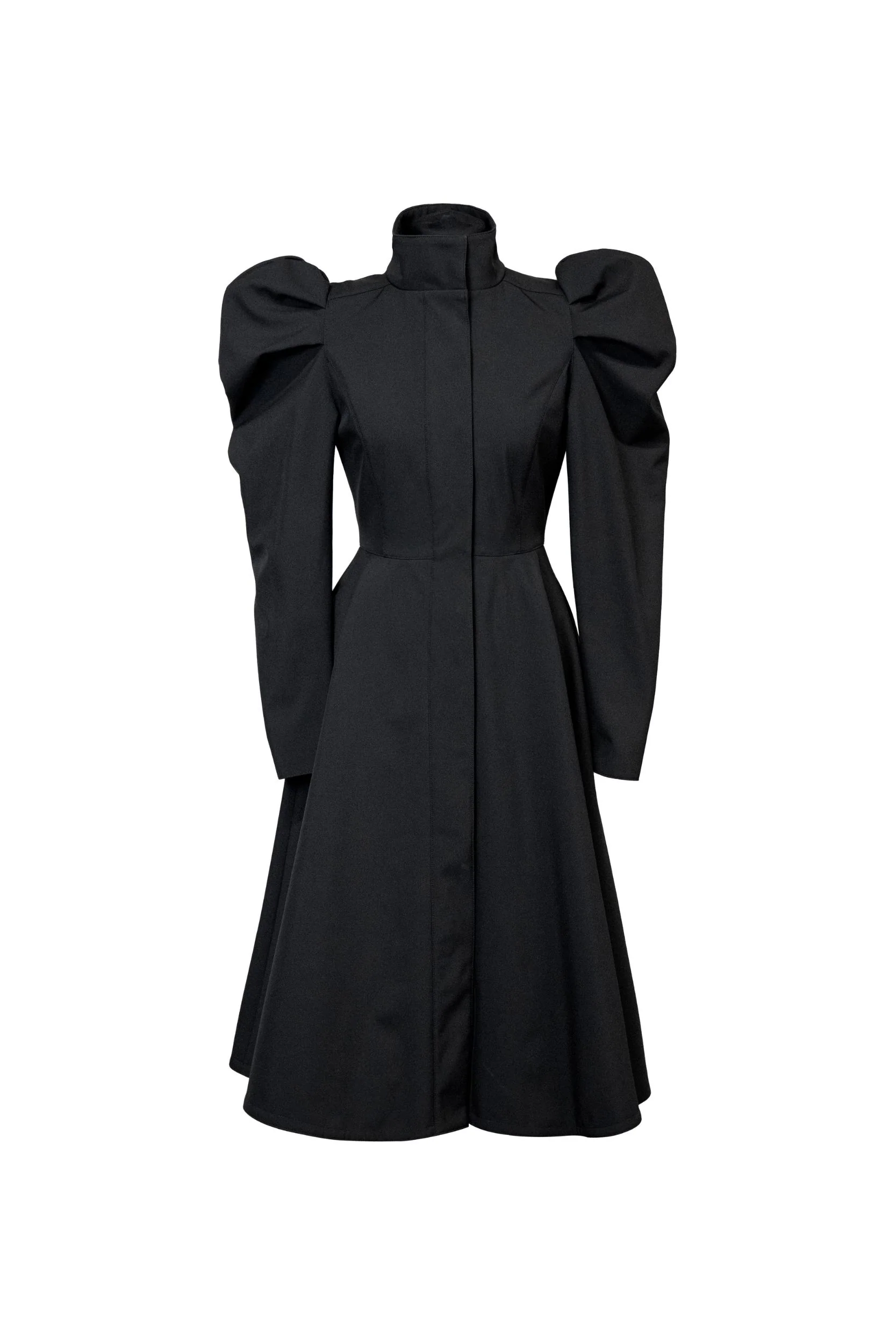 Fit and Flare Coat with Balloon-Styled Sleeves in Black | Majestic Night - Image 9