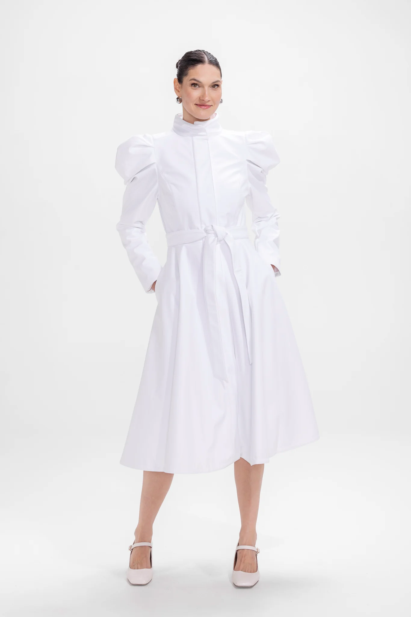 Fit and Flare Coat with Balloon-Styled Sleeves in White | Majestic White