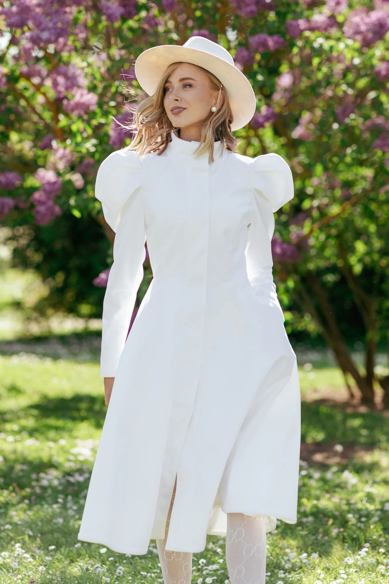 Fit and Flare Coat with Balloon-Styled Sleeves in White | Majestic White - Image 2