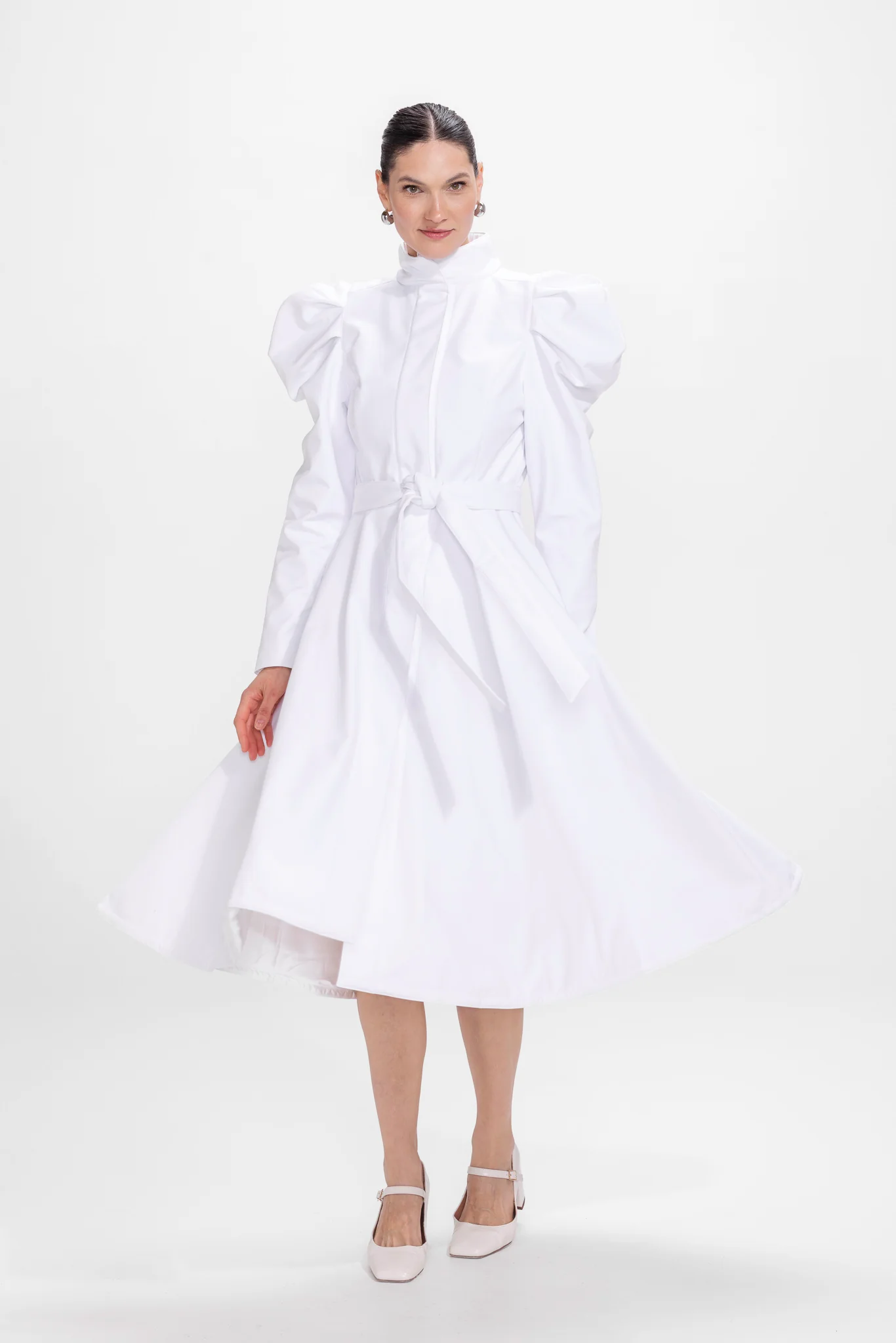 Fit and Flare Coat with Balloon-Styled Sleeves in White | Majestic White - Image 4