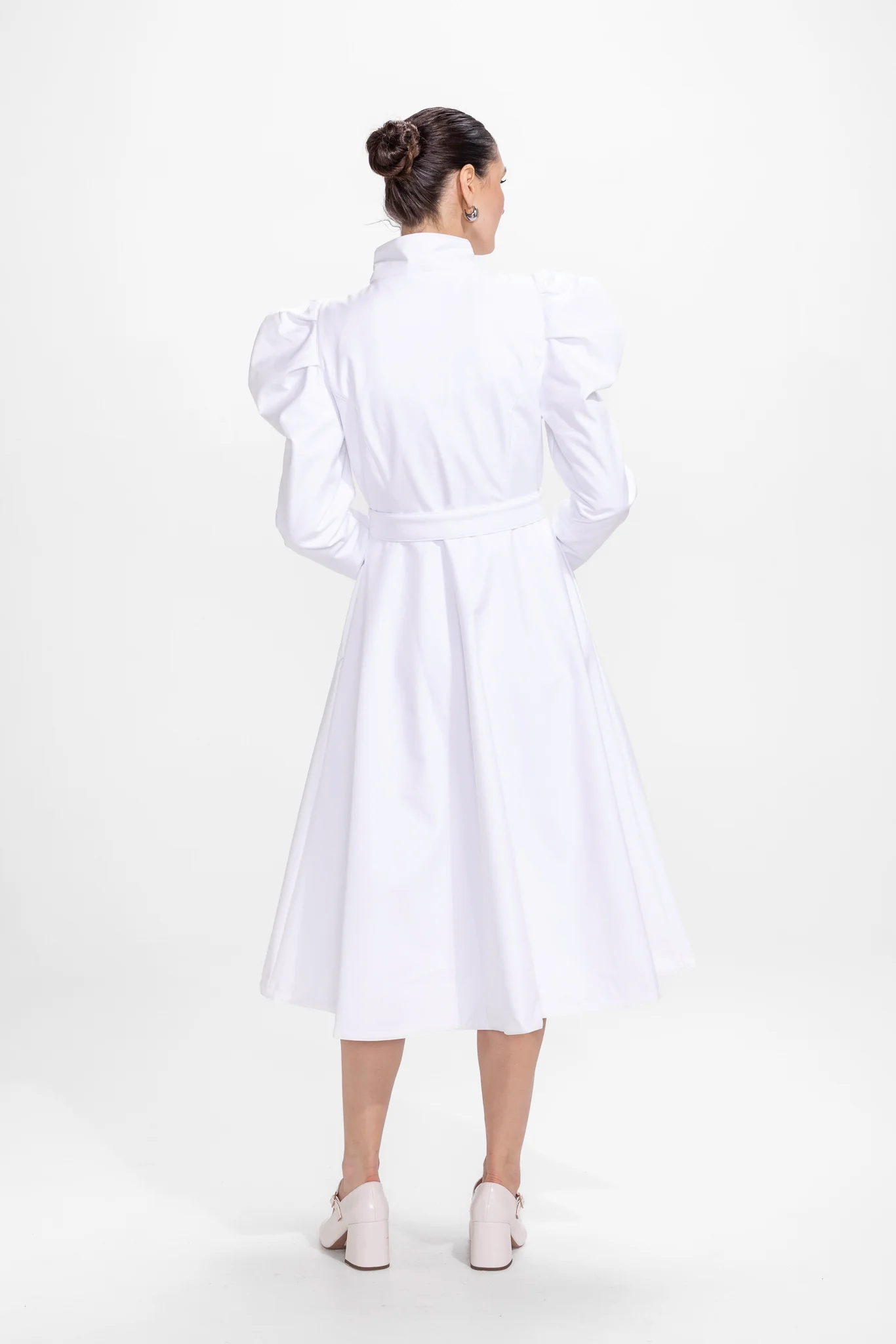 Fit and Flare Coat with Balloon-Styled Sleeves in White | Majestic White - Image 5