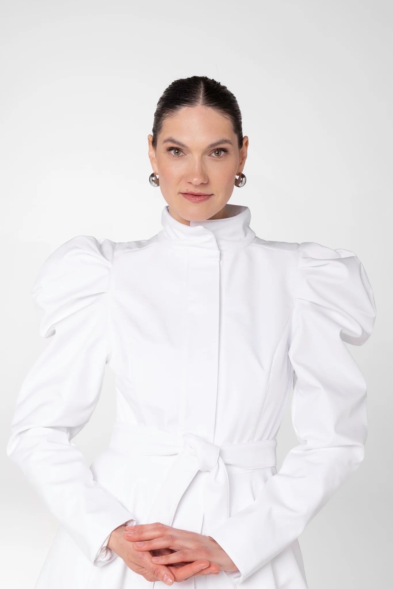 Fit and Flare Coat with Balloon-Styled Sleeves in White | Majestic White - Image 6