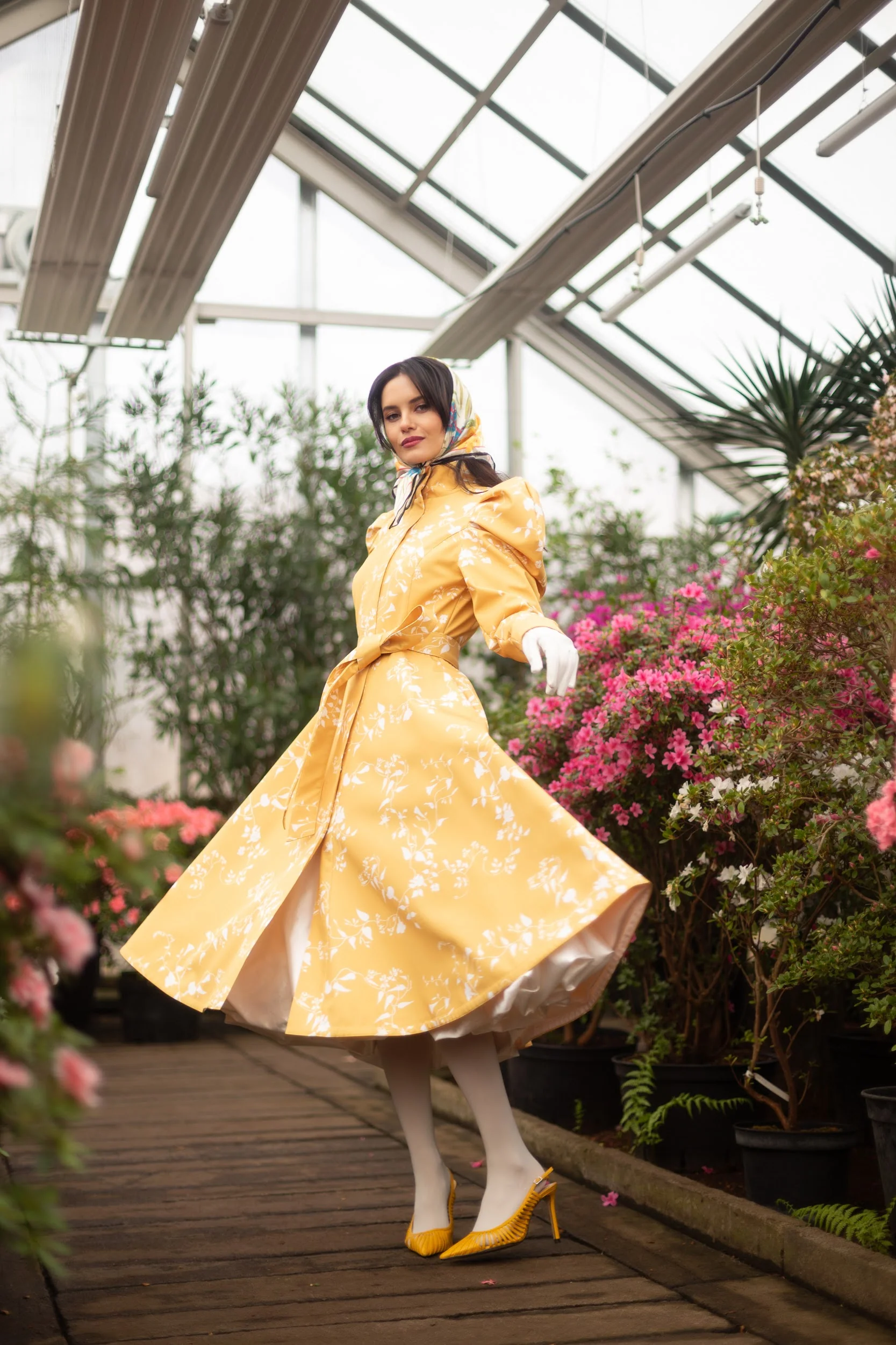 Fit and Flare Coat with Balloon-Styled Sleeves in Yellow with White Floral Print | Majestic Yellow - Image 2