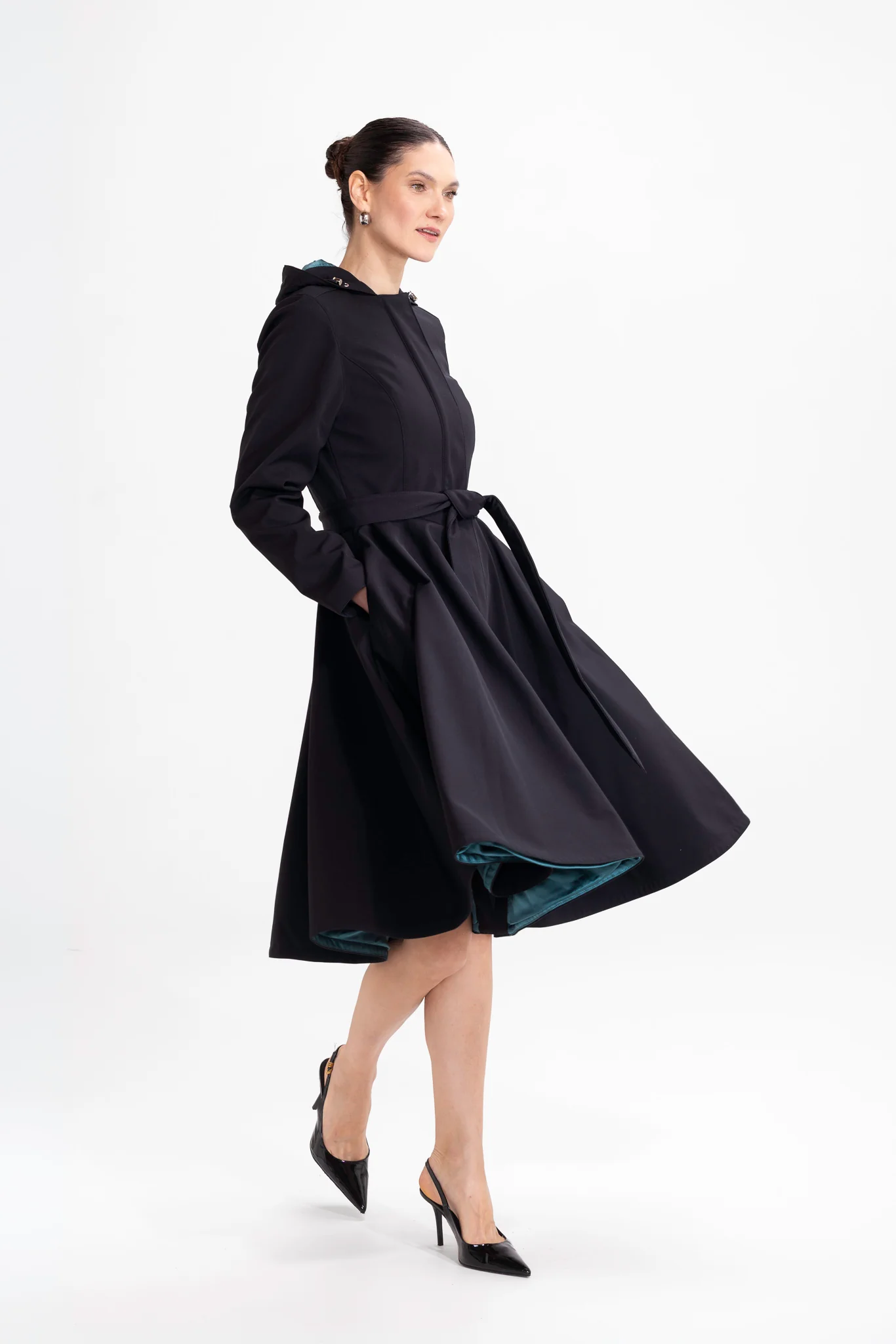 Fit and Flare Coat with Full Circle Skirt in Black with Emerald Green | Deep Emerald