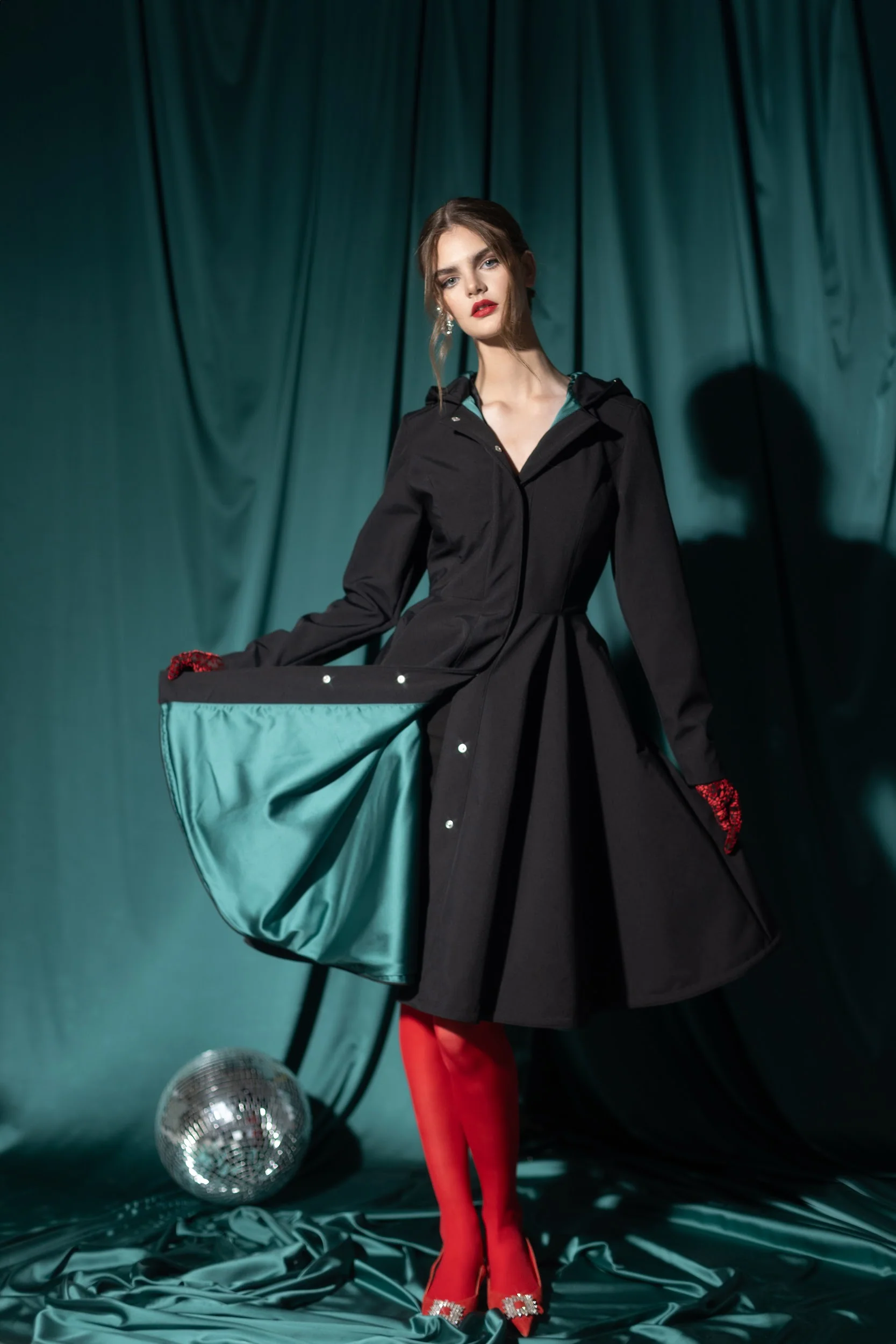 Fit and Flare Coat with Full Circle Skirt in Black with Emerald Green | Deep Emerald - Image 2