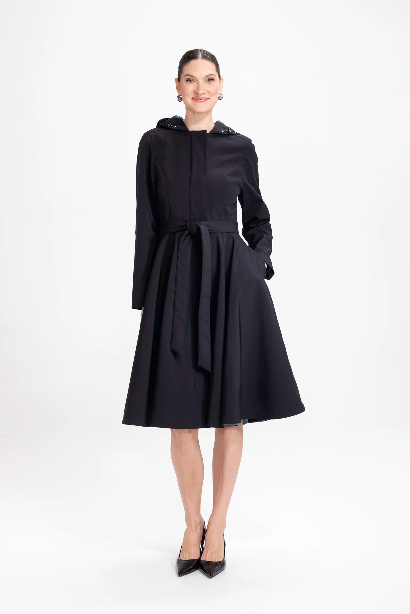 Fit and Flare Coat with Full Circle Skirt in Black with Emerald Green | Deep Emerald - Image 4