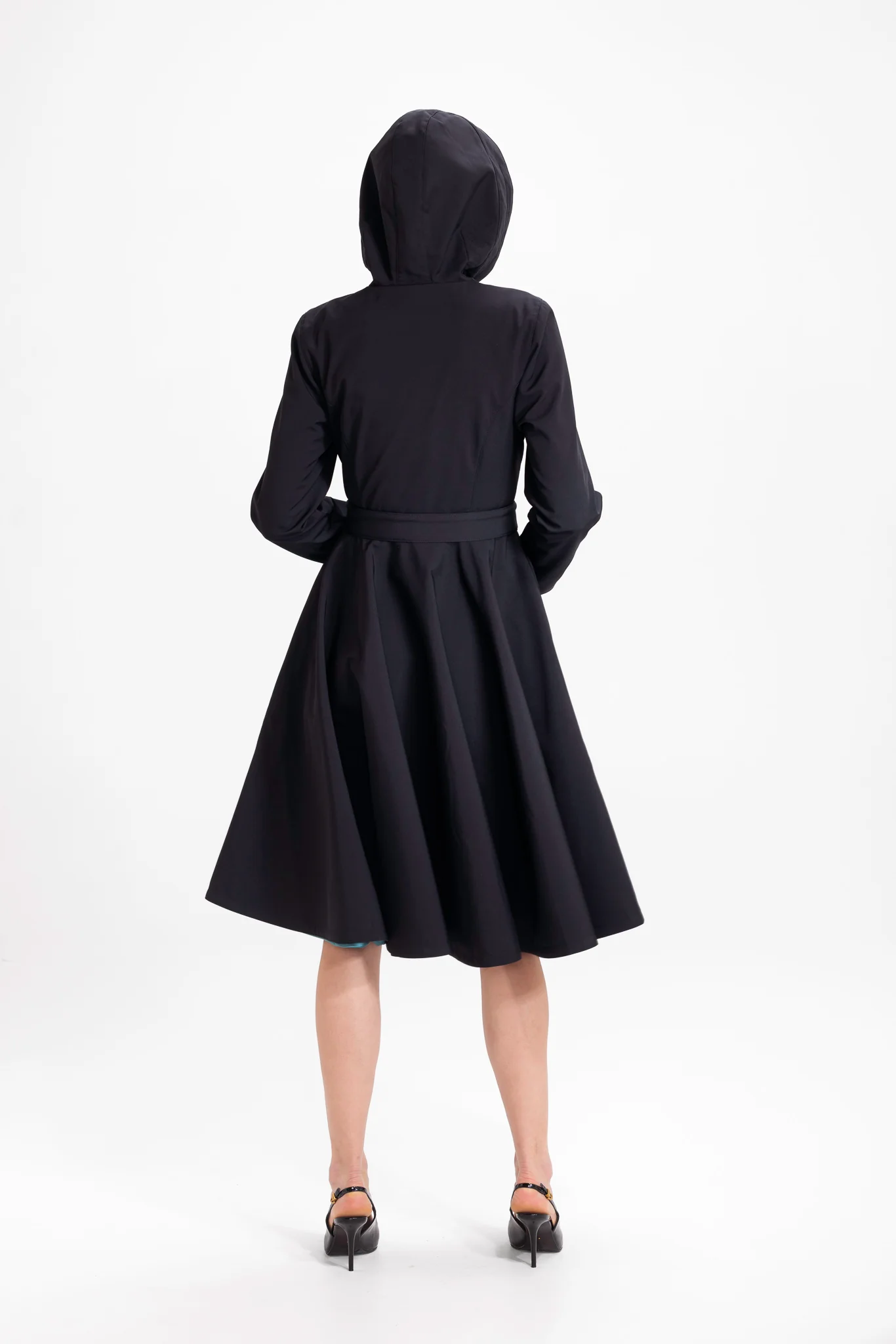 Fit and Flare Coat with Full Circle Skirt in Black with Emerald Green | Deep Emerald - Image 5