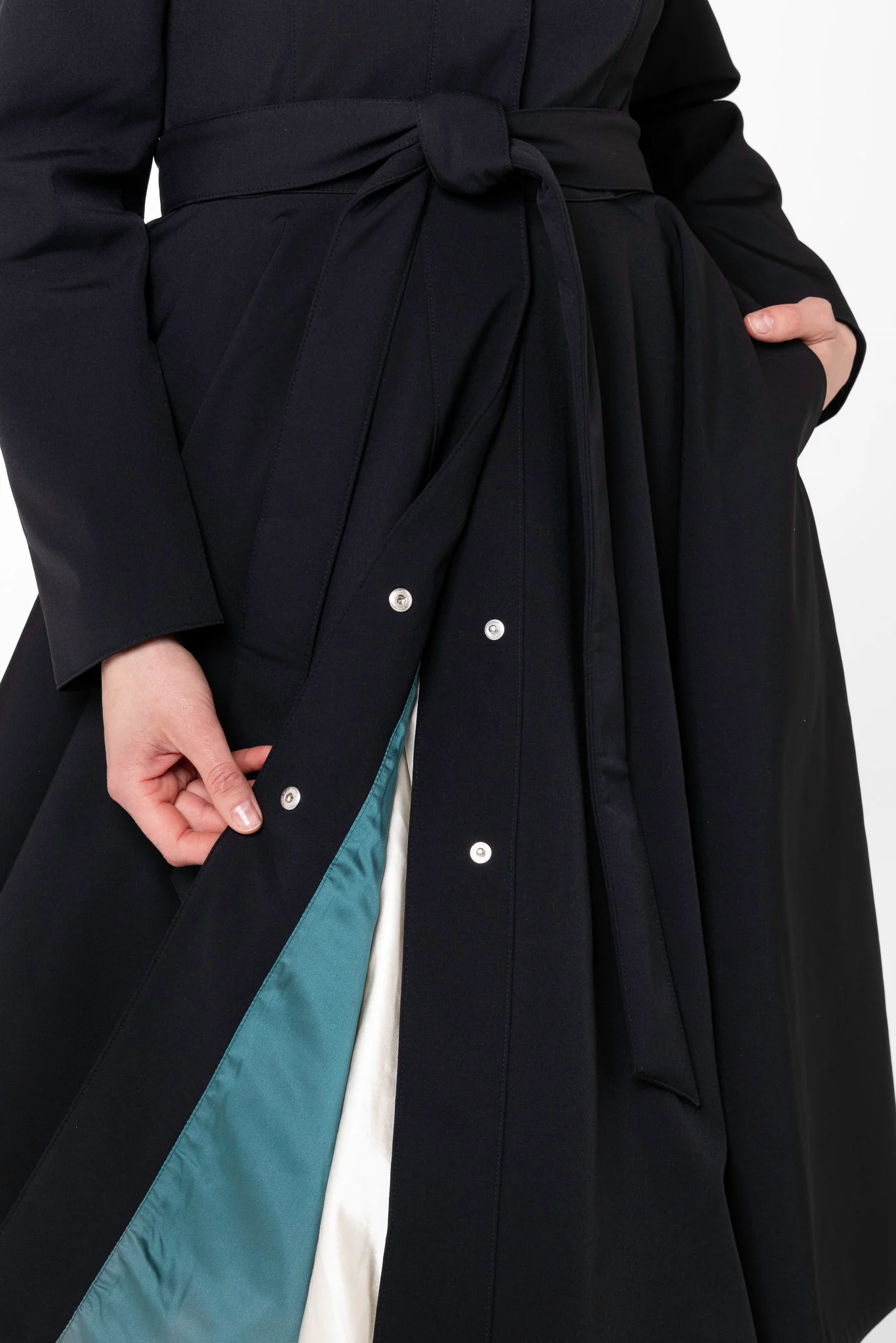 Fit and Flare Coat with Full Circle Skirt in Black with Emerald Green | Deep Emerald - Image 8