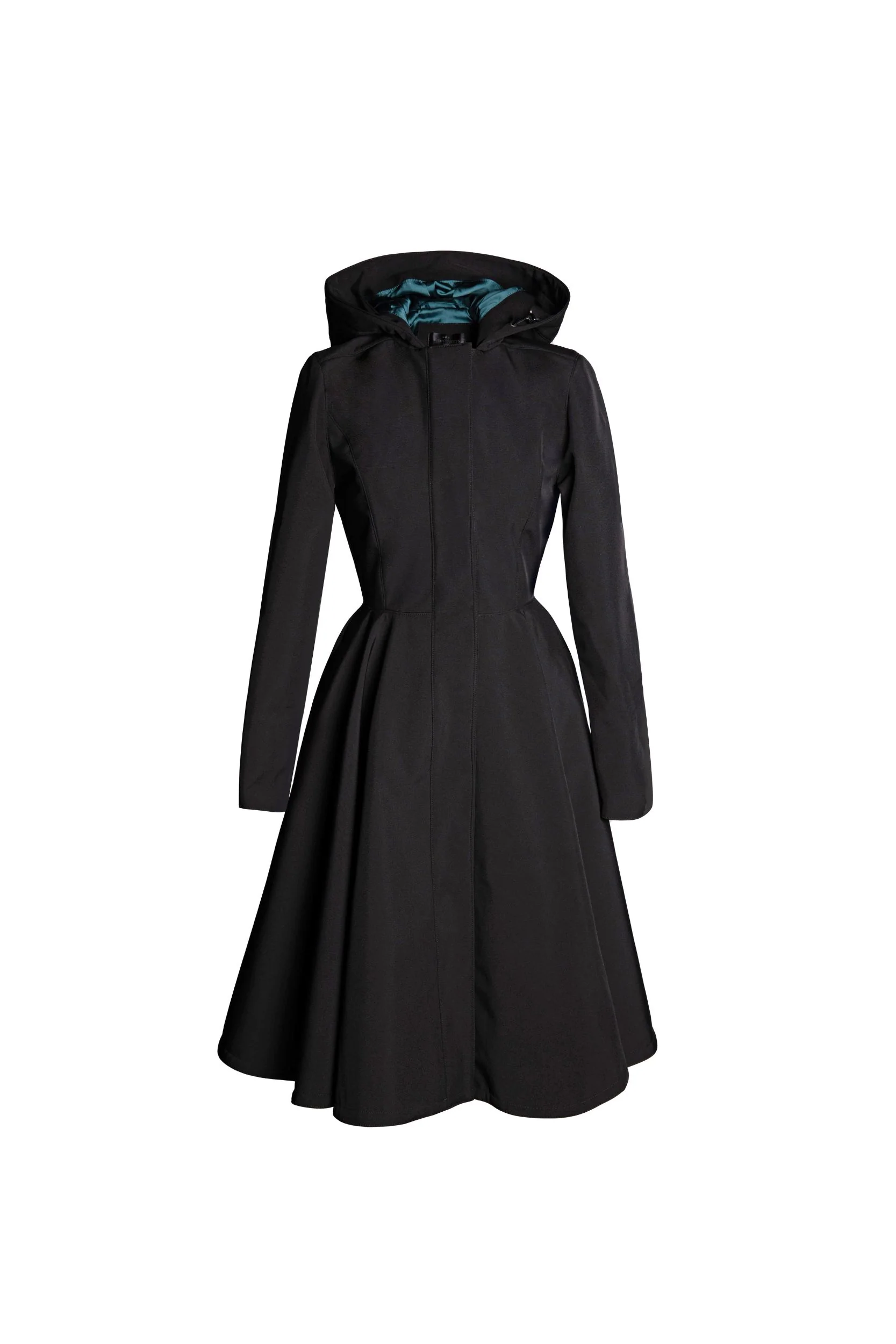 Fit and Flare Coat with Full Circle Skirt in Black with Emerald Green | Deep Emerald - Image 9