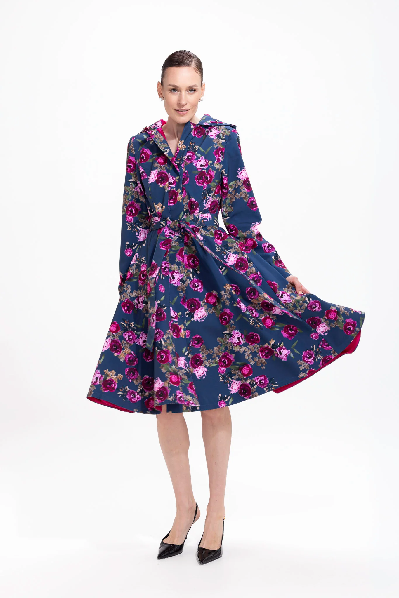 Fit and Flare Coat with Pleated Back in Blue and Pink | Misty Rose - Image 4