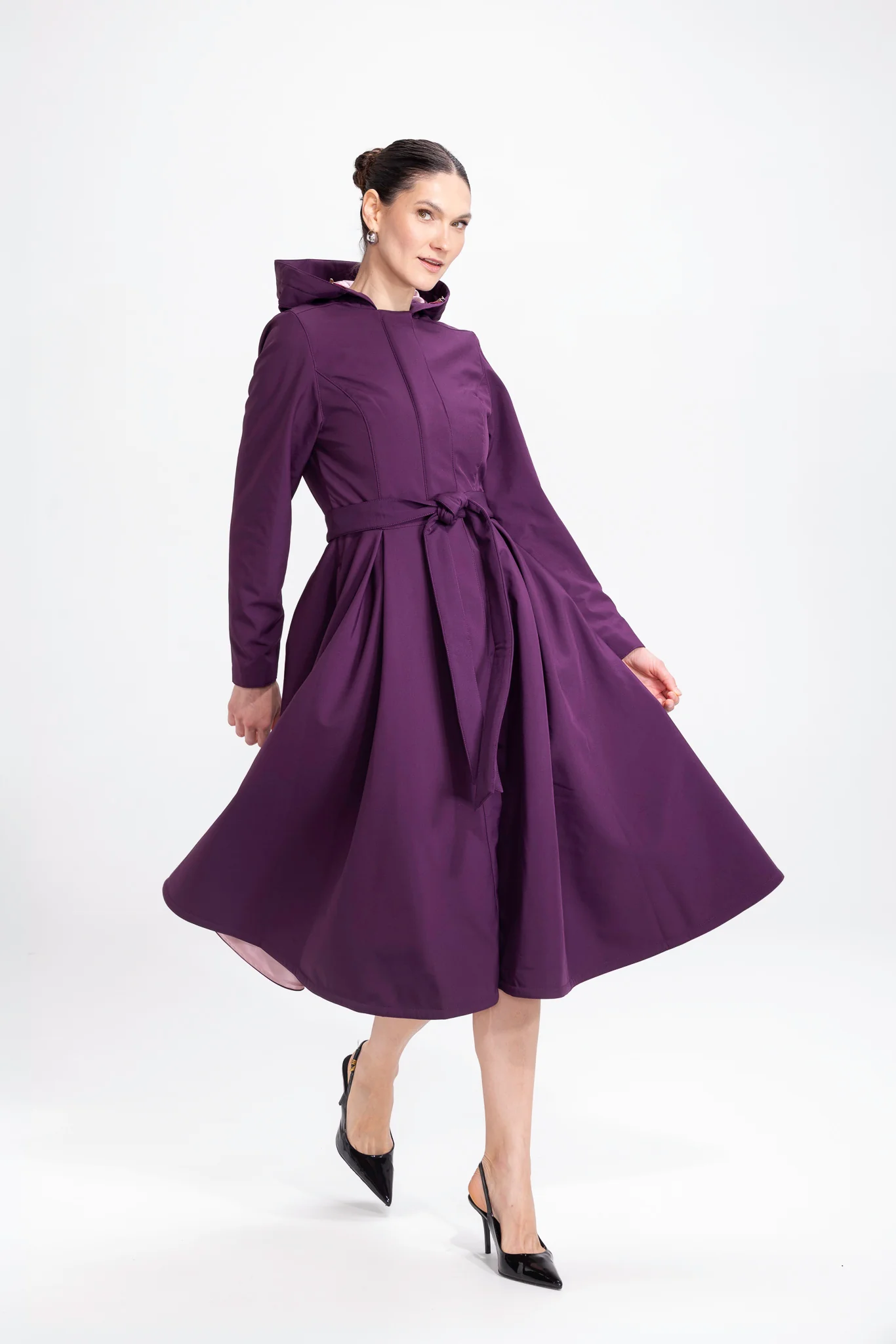 Fit and Flare Coat with Pleated Skirts in Dark Purple | Ruby Purple - Image 4