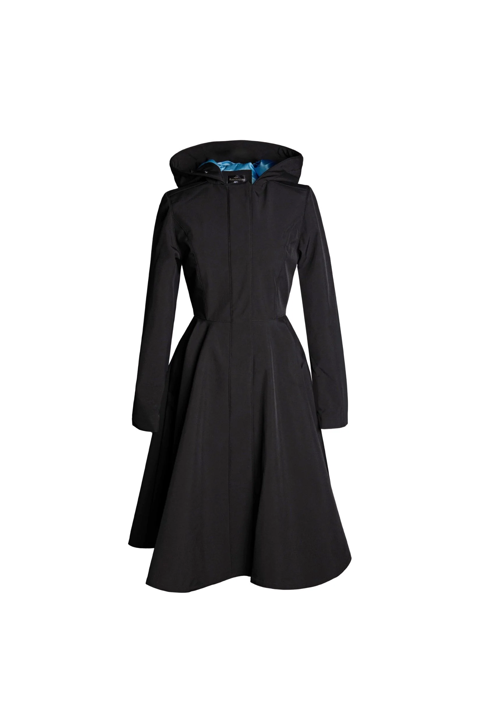 Fit and Flare Black Coat with Full Circle Skirt and Sapphire Blue Lining | Black Sapphire