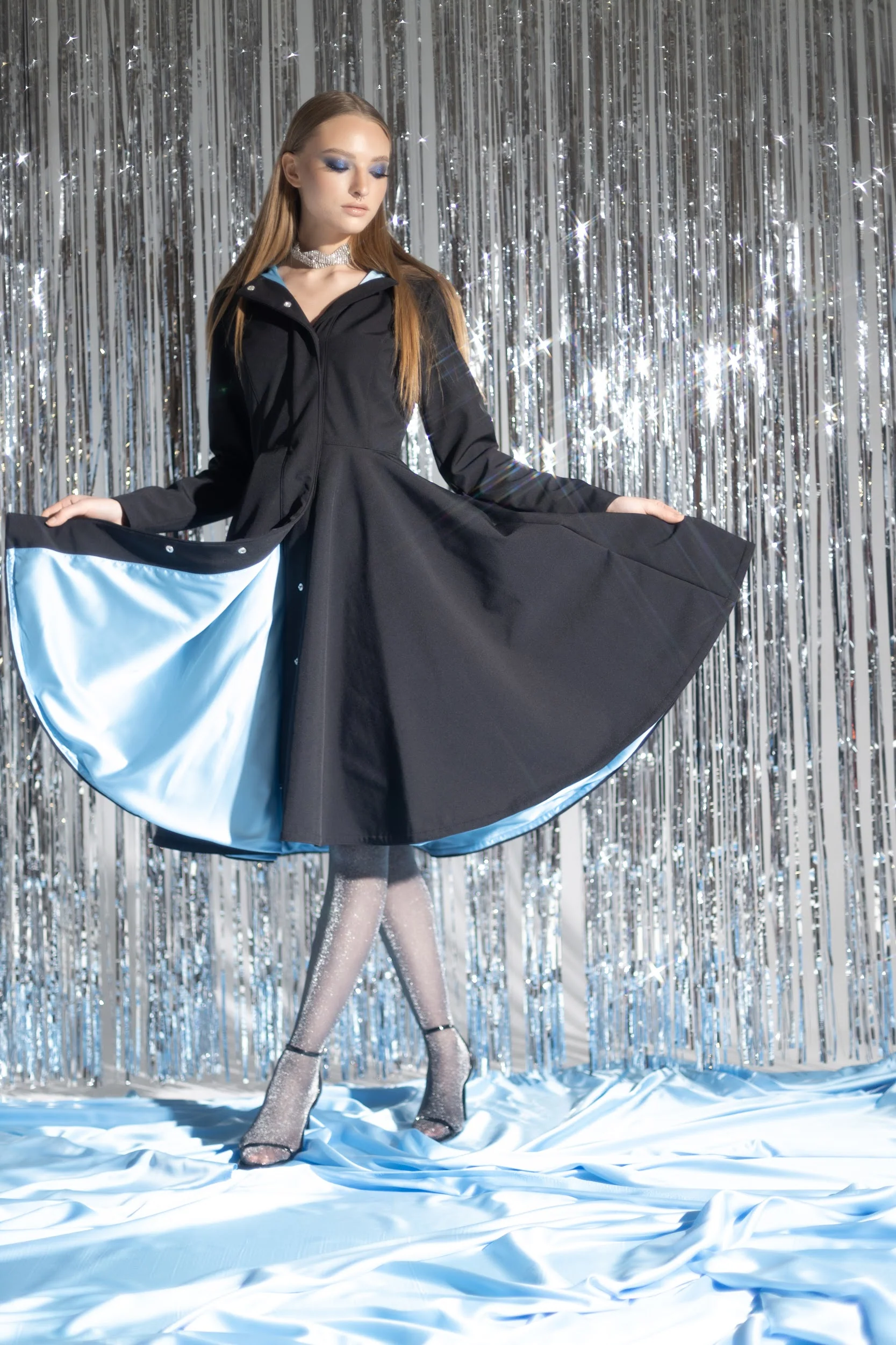 Fit and Flare Black Coat with Full Circle Skirt and Sapphire Blue Lining | Black Sapphire - Image 5