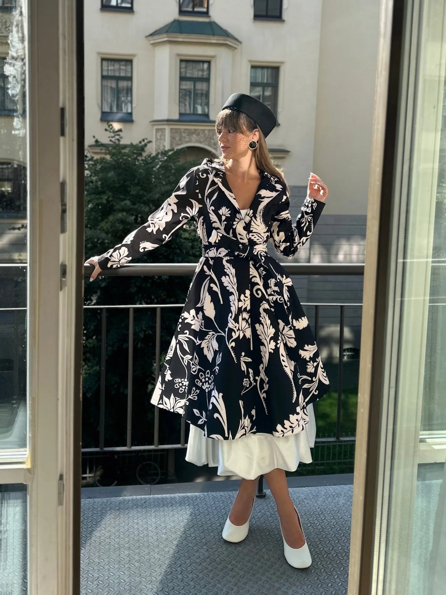 Fit and Flare Coat with Full Circle Skirt in Black and White | Blooming Night - Image 3
