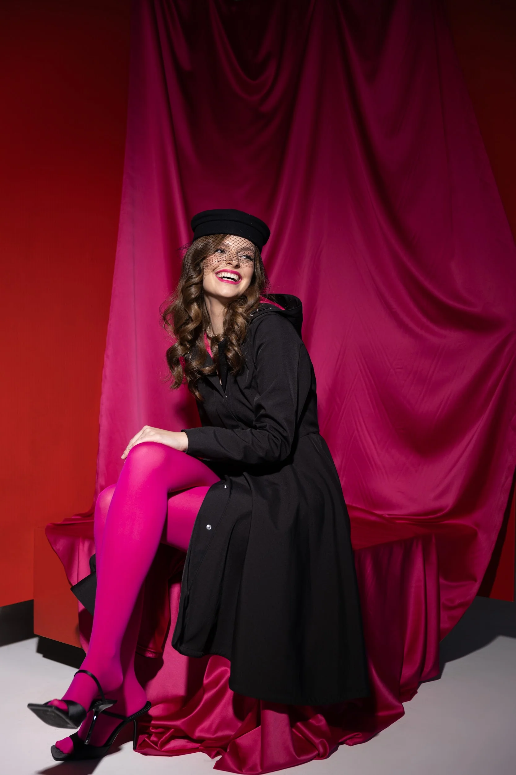 Fit and Flare Coat with Full Circle Skirt in Black with Fuchsia Pink Lining | Pink Ruby - Image 6