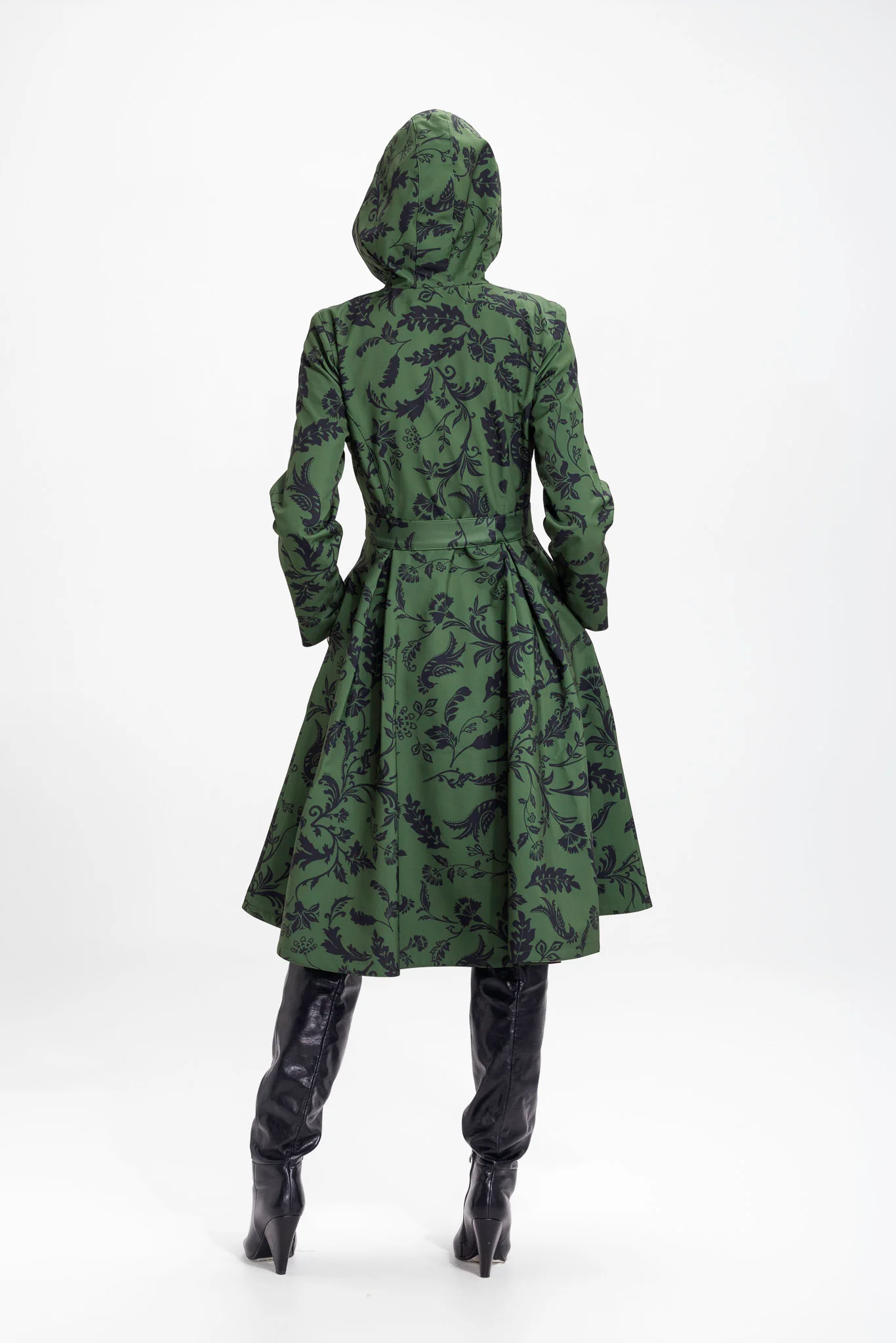 Fit and Flare Coat with Pleated Skirt in Green and Black | Forest Flower - Image 5