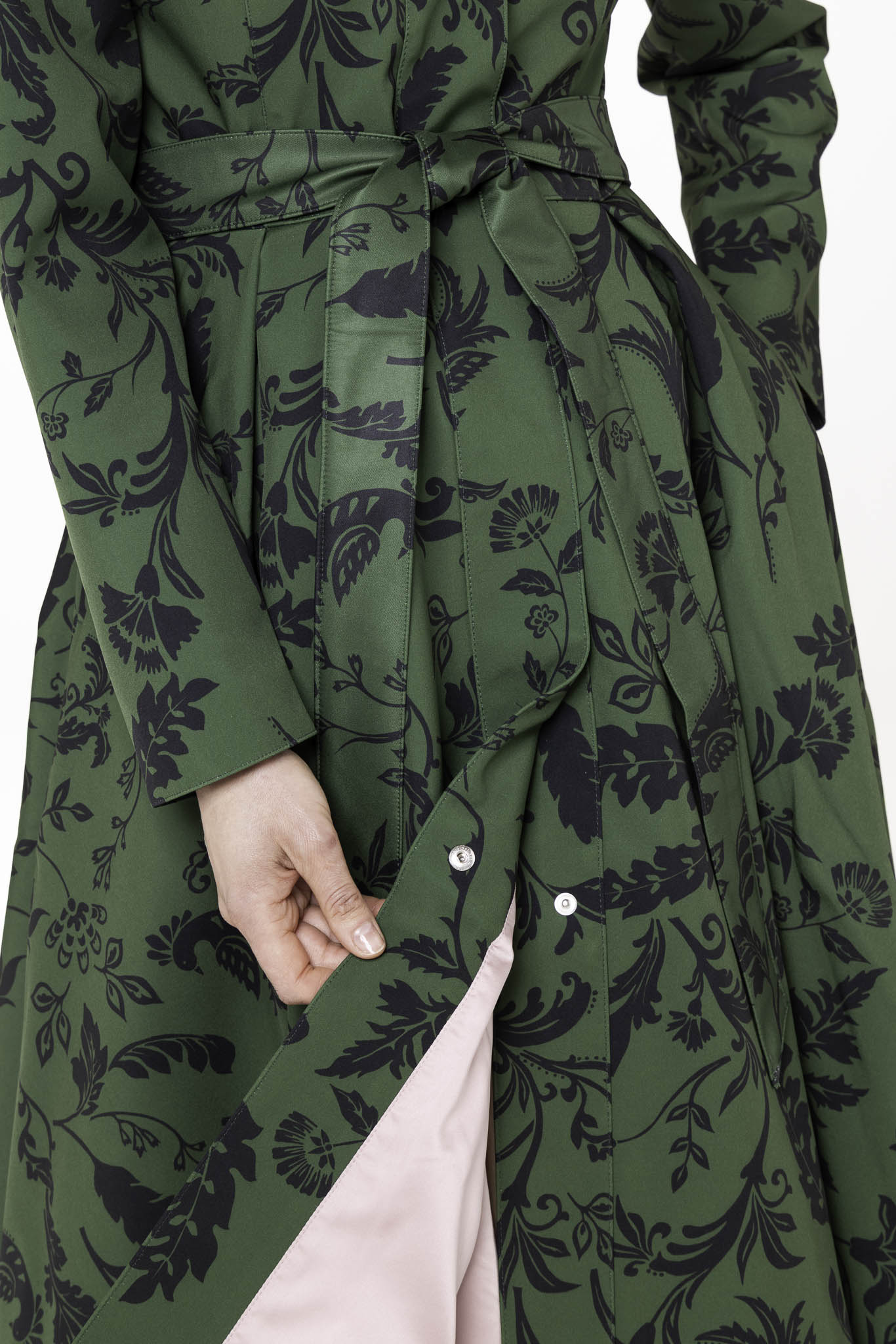 Fit and Flare Coat with Pleated Skirt in Green and Black | Forest Flower - Image 8