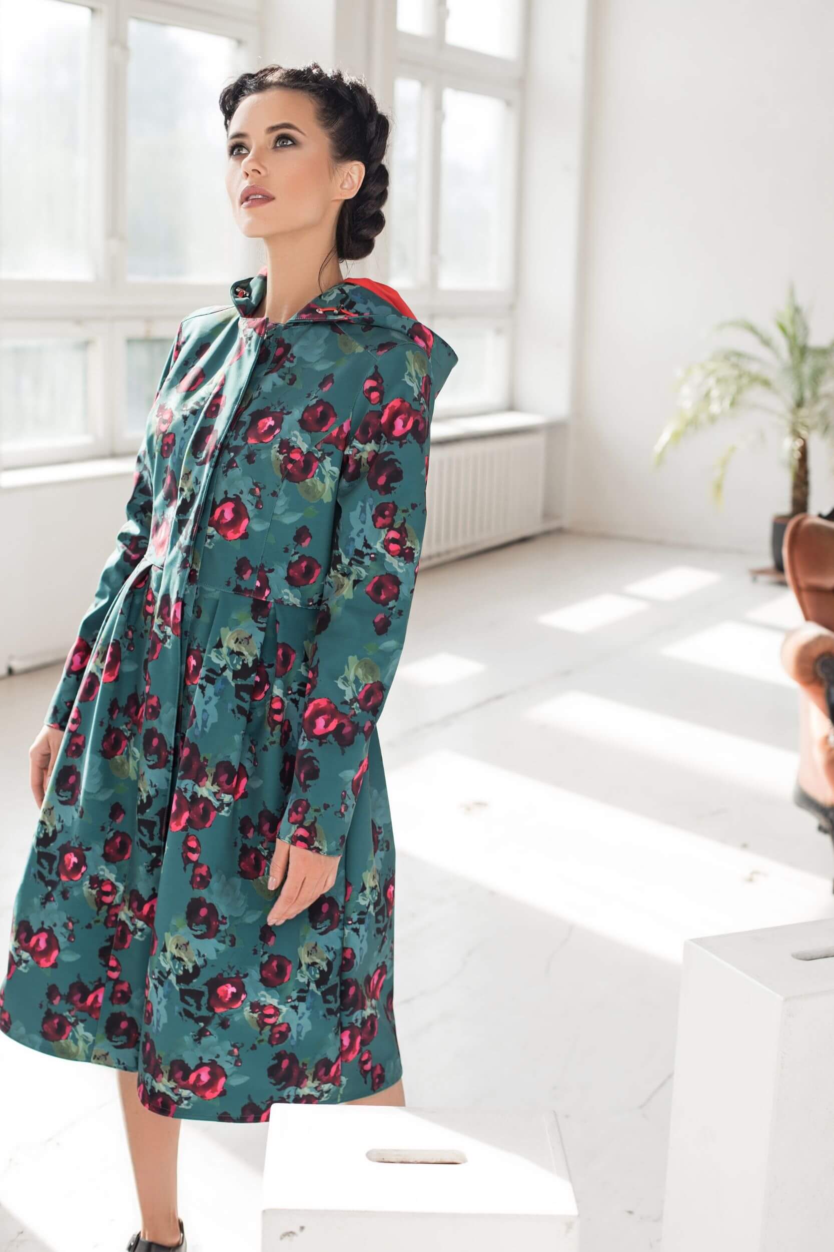 Floral Fit and Flare Coat in Green | Rosalie - Image 3