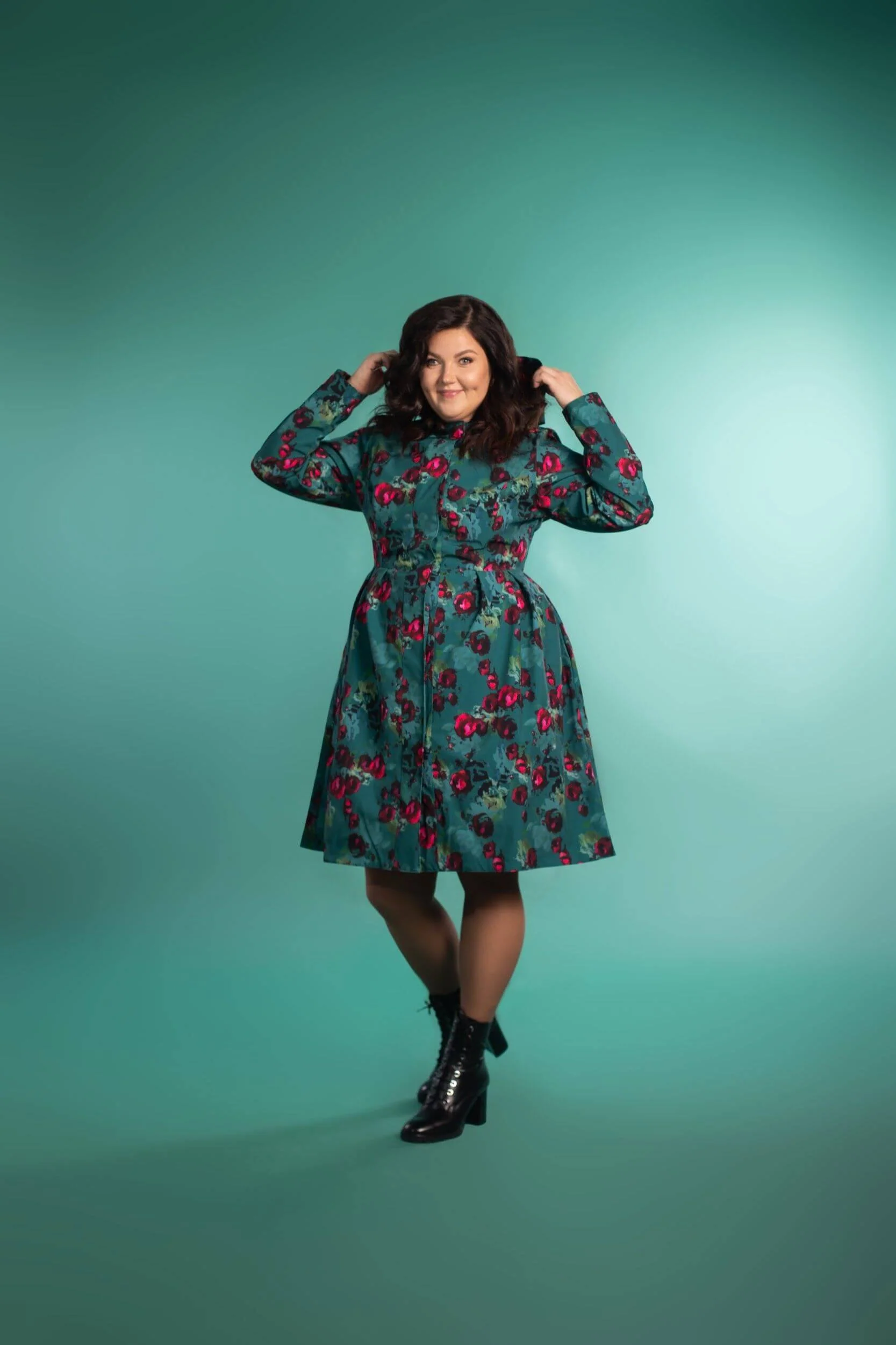Floral Fit and Flare Coat in Green | Rosalie - Image 7