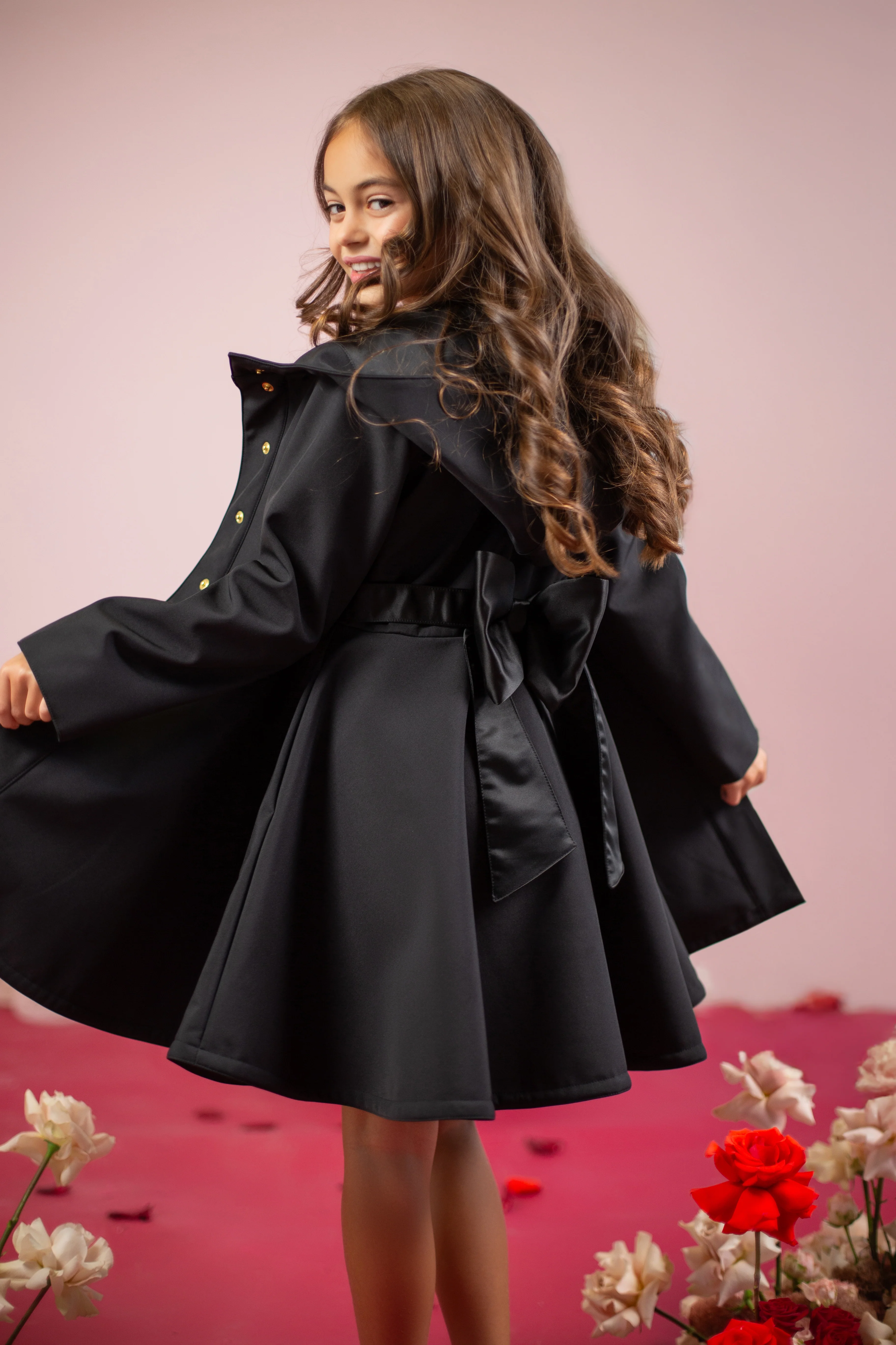 Girls' Black Coat with a Bow | Luxurious Bow