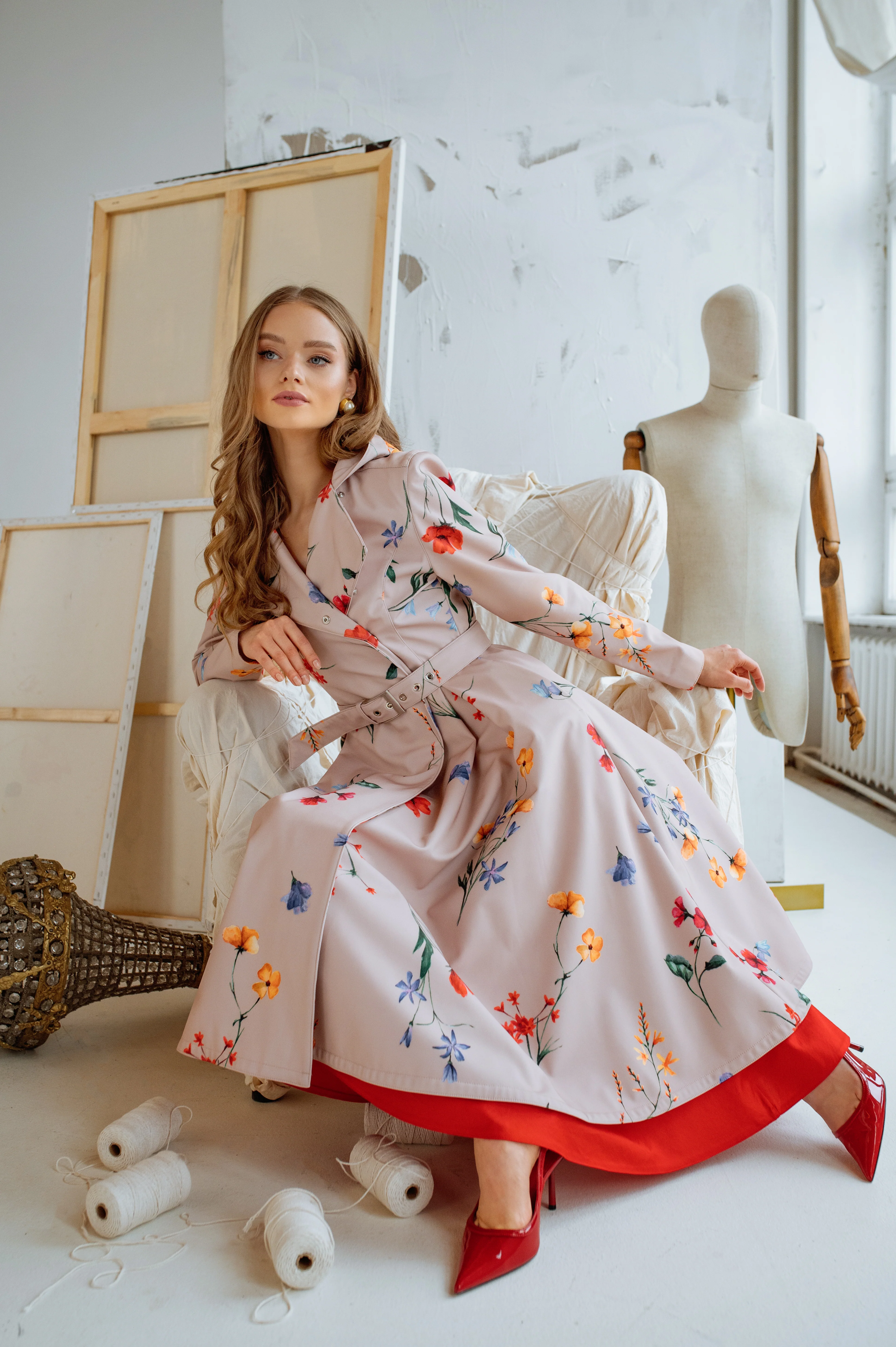 Double Breasted Trench Coat in Beige with Flower Print | Spring Bloom - Image 3