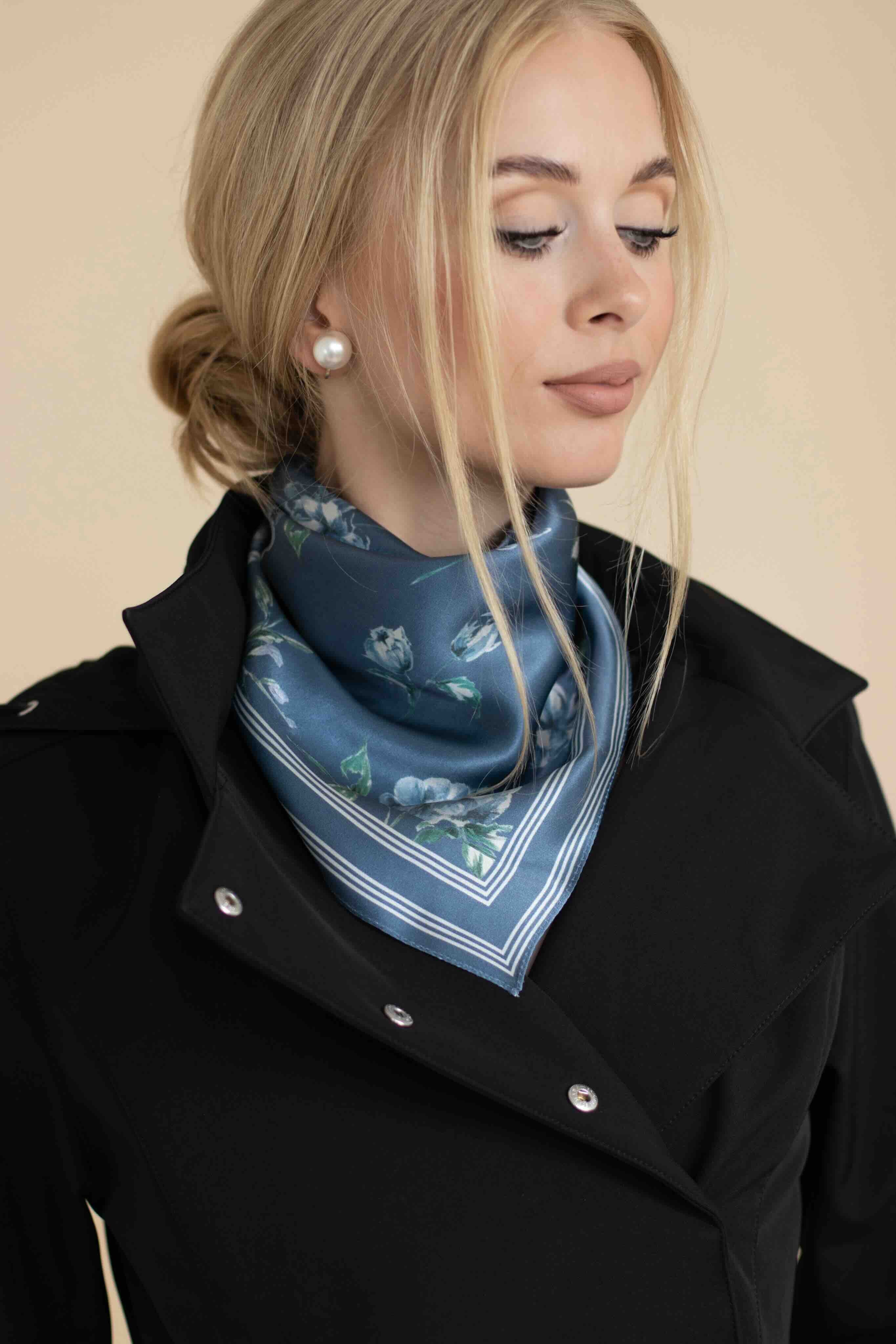 Small Floral Print Natural Silk Scarf | Blue Collection - Image 2