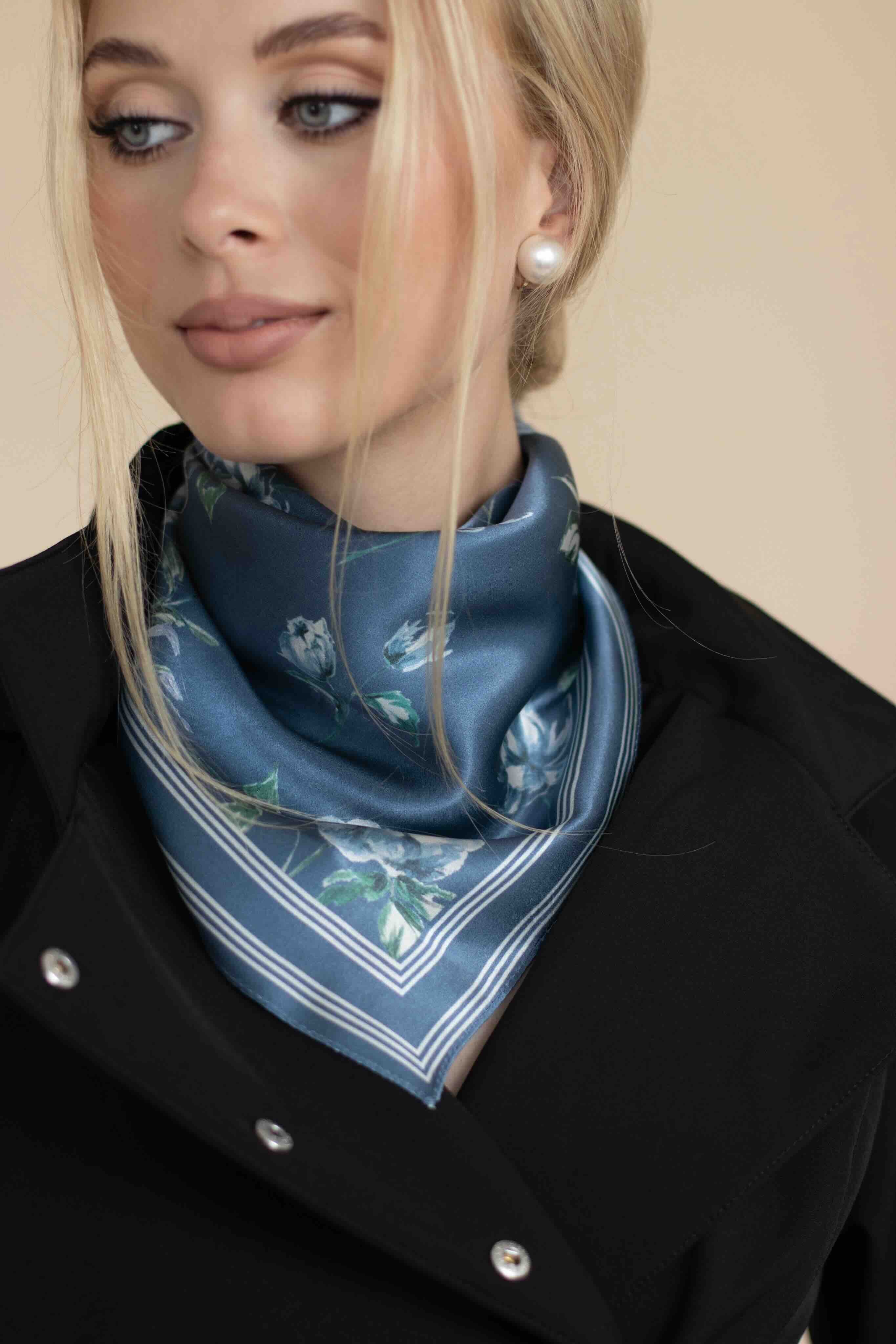 Small Floral Print Natural Silk Scarf | Blue Collection - Image 3