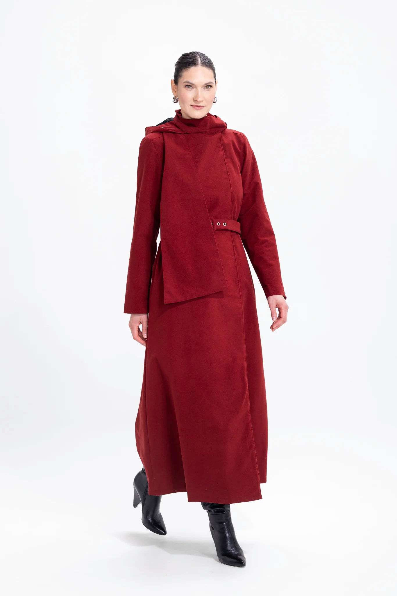 Warm Double Breasted Coat with Hood & Scarf | Winter Maroon - Image 4