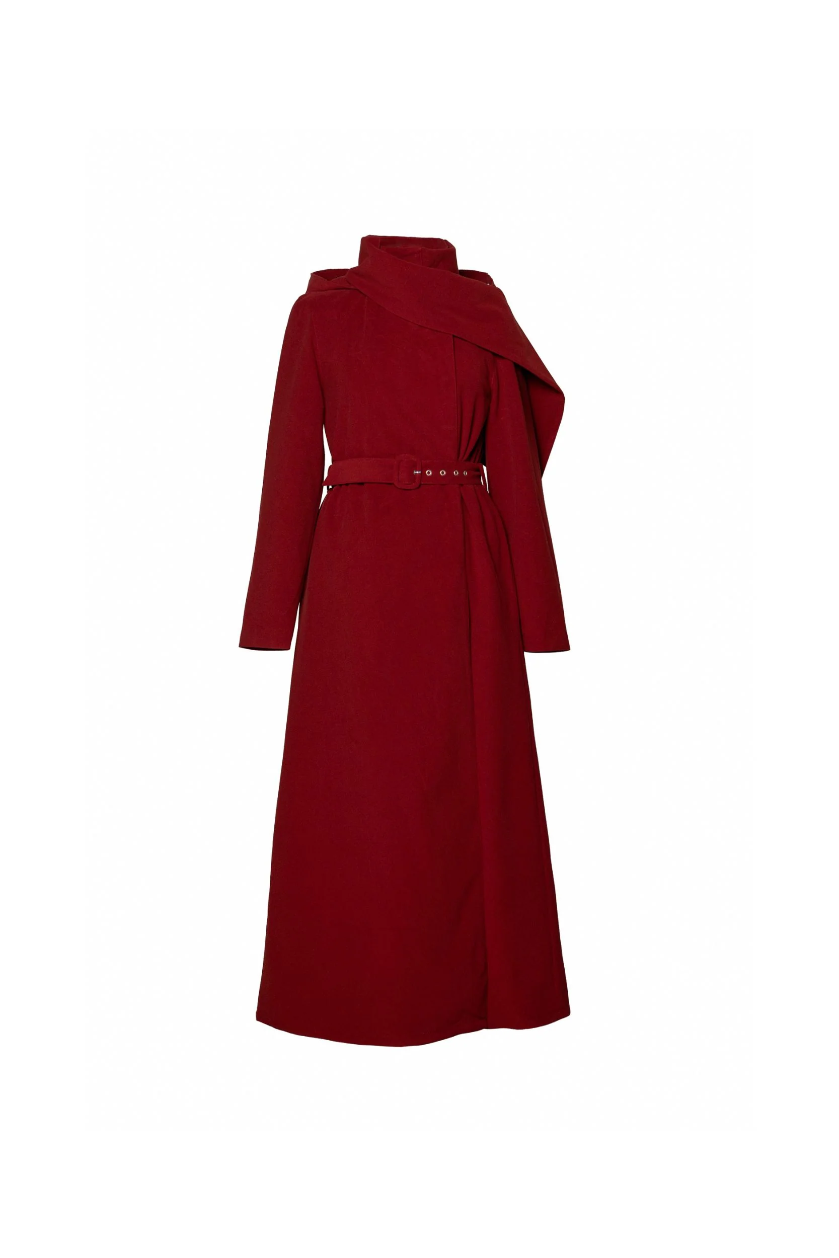 Warm Double Breasted Coat with Hood & Scarf | Winter Maroon - Image 9